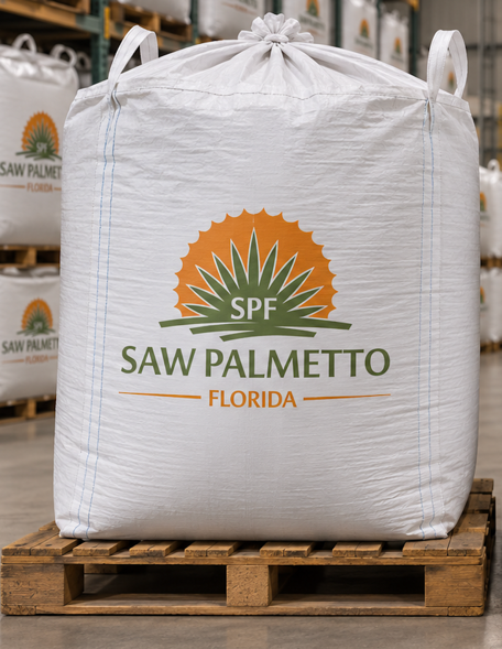 Single branded bulk sack of dried saw palmetto berries on a pallet